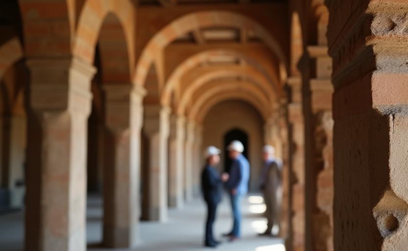 Restauro di una villa storica a Roma con architetti che esaminano i dettagli
